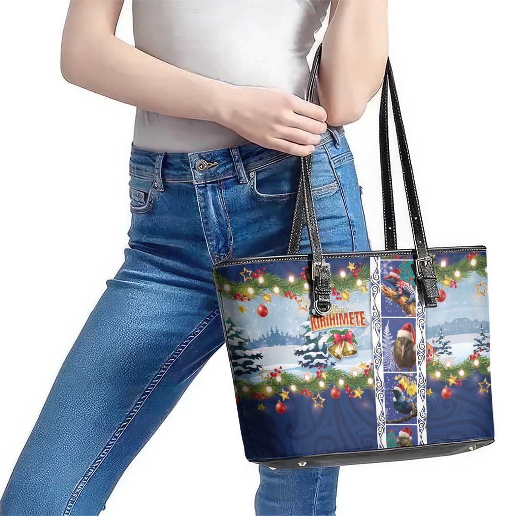 New Zealand Merry Christmas Leather Tote Bag Maori Animals, Koru Tattoo - Blue Xmas Style LT03 - Polynesian Pride