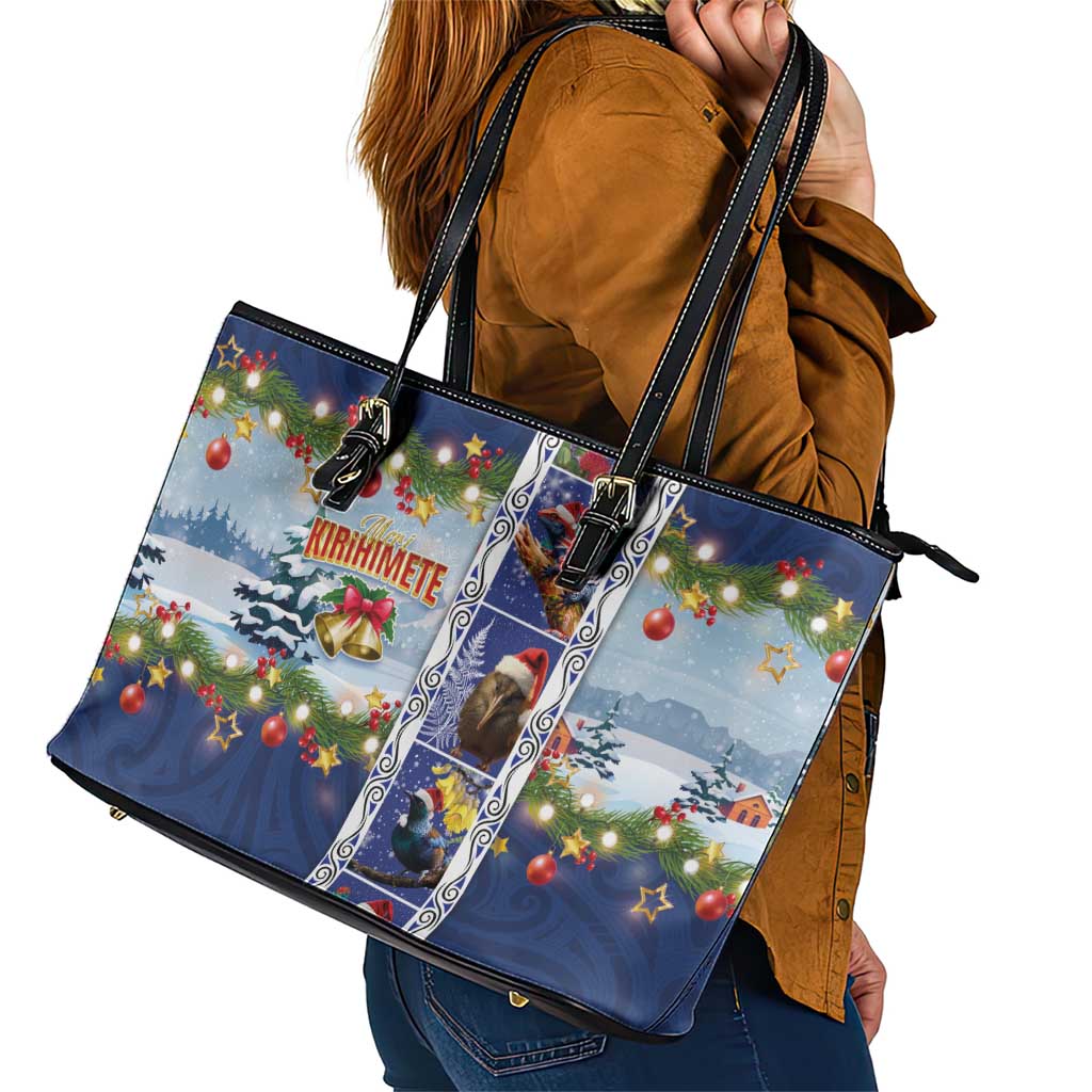 New Zealand Merry Christmas Leather Tote Bag Maori Animals, Koru Tattoo - Blue Xmas Style LT03 - Polynesian Pride