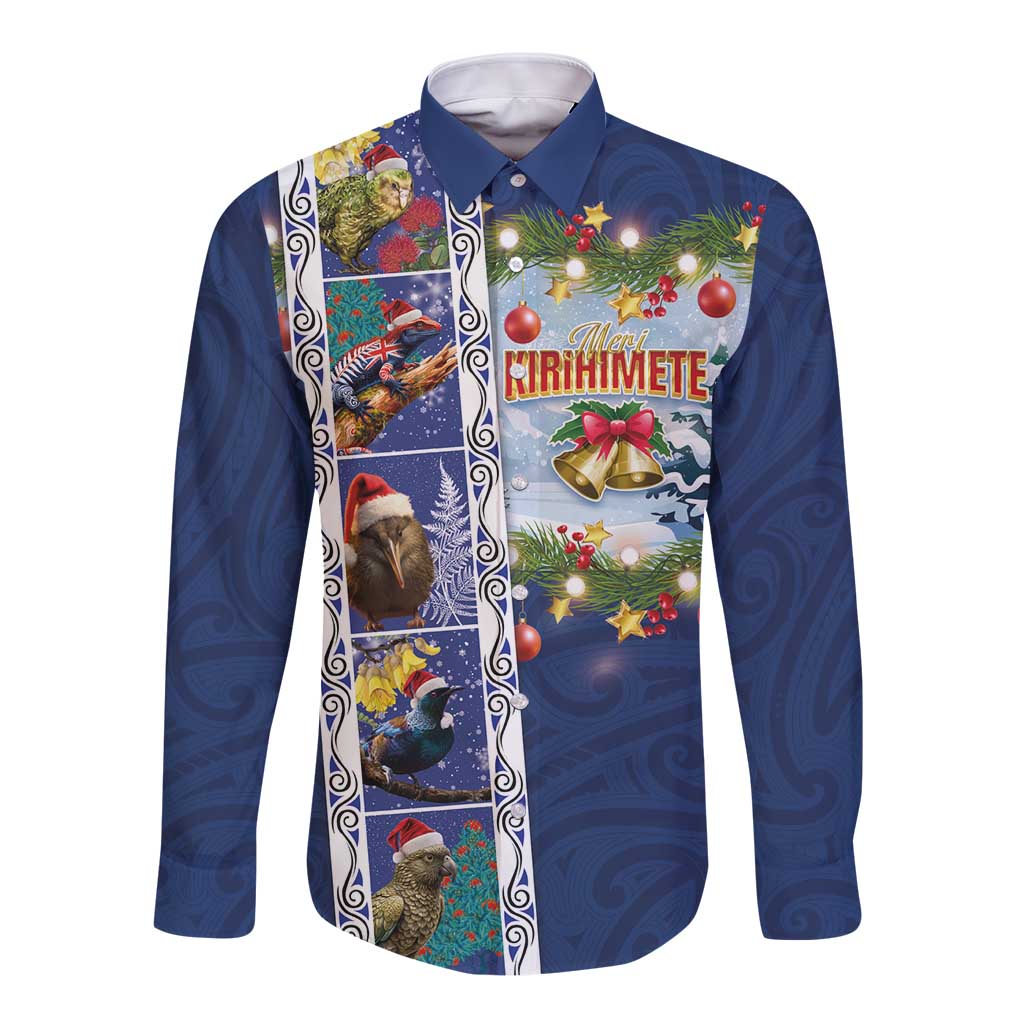 New Zealand Merry Christmas Long Sleeve Button Shirt Maori Animals, Koru Tattoo - Blue Xmas Style LT03 Unisex Blue - Polynesian Pride