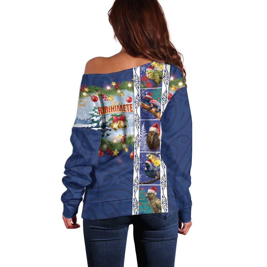 New Zealand Merry Christmas Off Shoulder Sweater Maori Animals, Koru Tattoo - Blue Xmas Style LT03 - Polynesian Pride