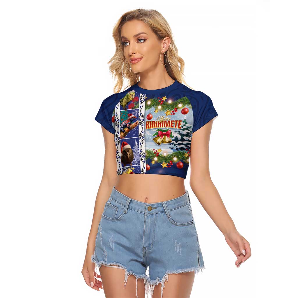 New Zealand Merry Christmas Raglan Cropped T Shirt Maori Animals, Koru Tattoo - Blue Xmas Style LT03 Female Blue - Polynesian Pride