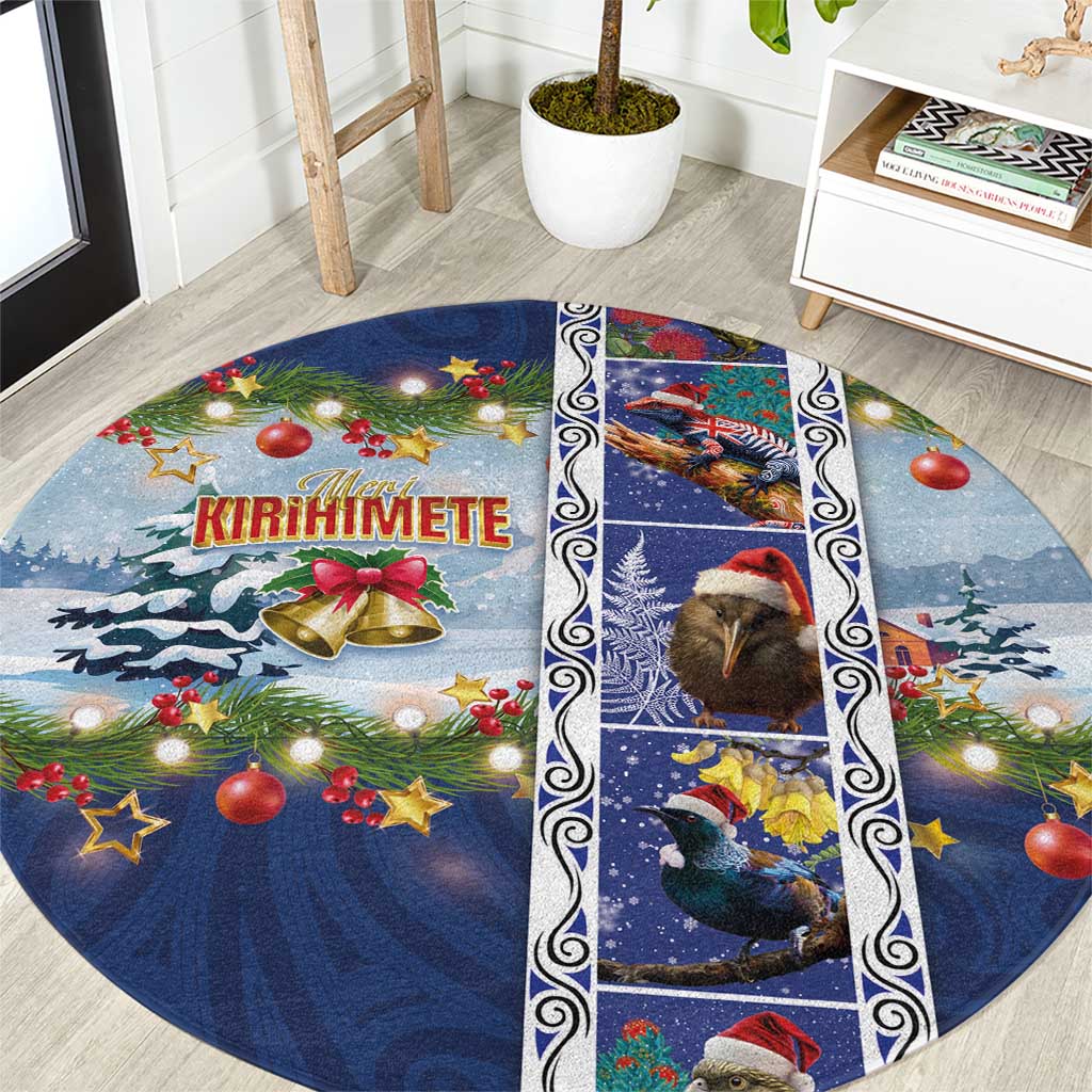 New Zealand Merry Christmas Round Carpet Maori Animals, Koru Tattoo - Blue Xmas Style LT03 Blue - Polynesian Pride