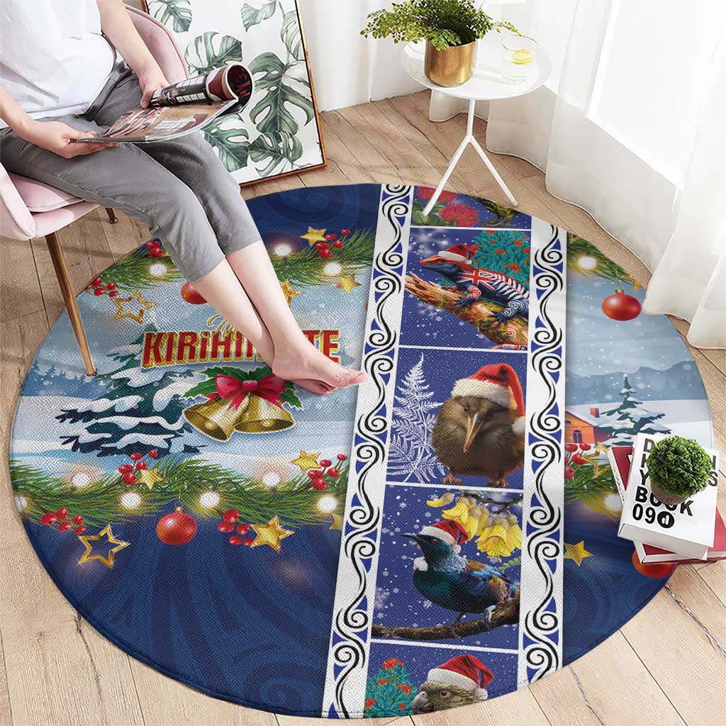New Zealand Merry Christmas Round Carpet Maori Animals, Koru Tattoo - Blue Xmas Style LT03 - Polynesian Pride