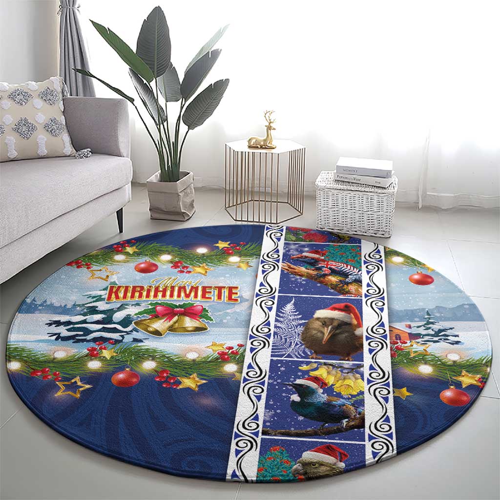 New Zealand Merry Christmas Round Carpet Maori Animals, Koru Tattoo - Blue Xmas Style LT03 - Polynesian Pride