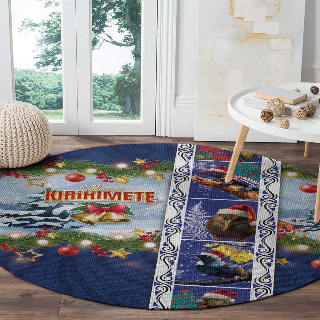 New Zealand Merry Christmas Round Carpet Maori Animals, Koru Tattoo - Blue Xmas Style LT03 - Polynesian Pride