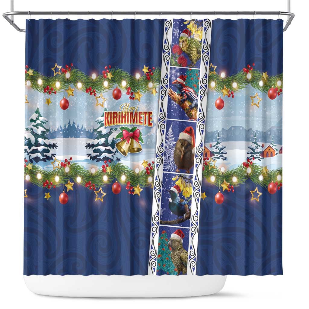 New Zealand Merry Christmas Shower Curtain Maori Animals, Koru Tattoo - Blue Xmas Style LT03 Blue - Polynesian Pride