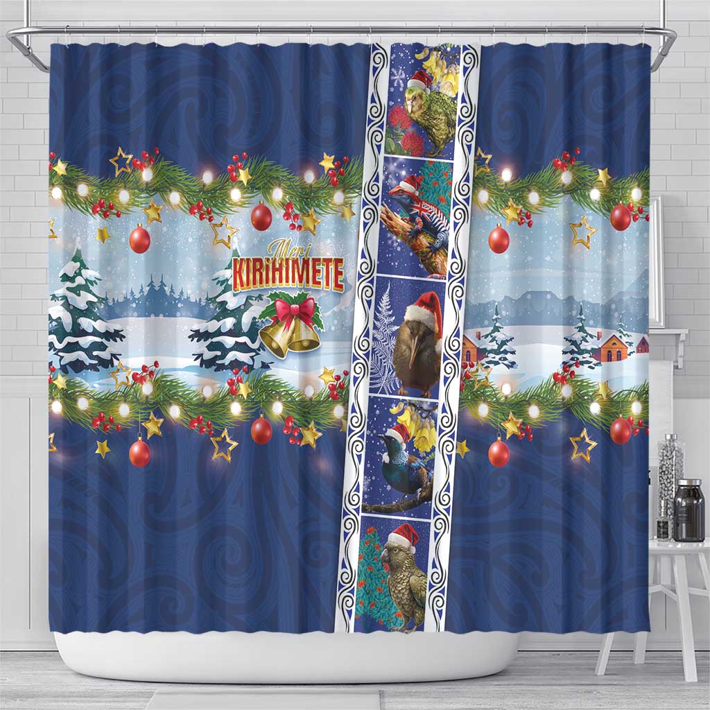 New Zealand Merry Christmas Shower Curtain Maori Animals, Koru Tattoo - Blue Xmas Style LT03 - Polynesian Pride