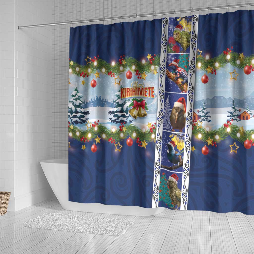 New Zealand Merry Christmas Shower Curtain Maori Animals, Koru Tattoo - Blue Xmas Style LT03 - Polynesian Pride