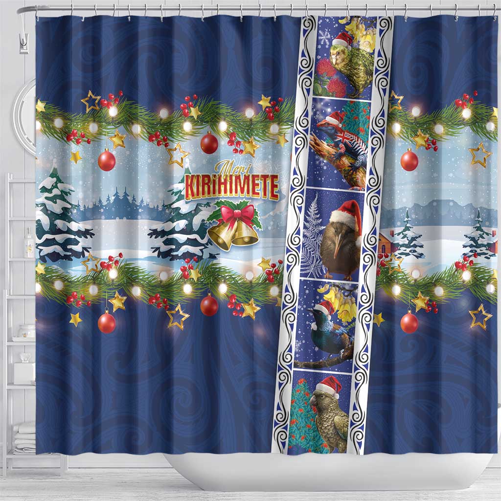 New Zealand Merry Christmas Shower Curtain Maori Animals, Koru Tattoo - Blue Xmas Style LT03 - Polynesian Pride
