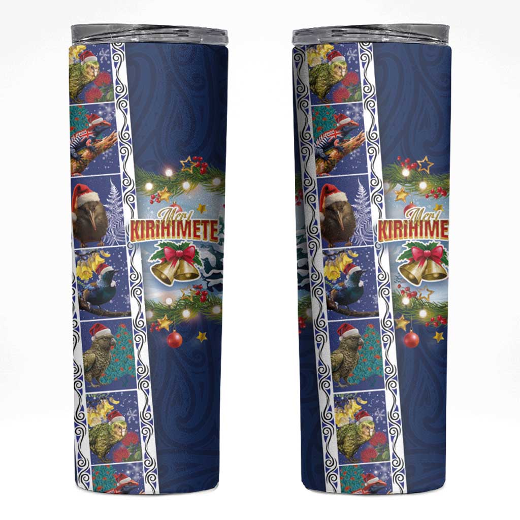 New Zealand Merry Christmas Skinny Tumbler Maori Animals Xmas Style and Koru Tattoo Blue Color LT03 Blue - Polynesian Pride