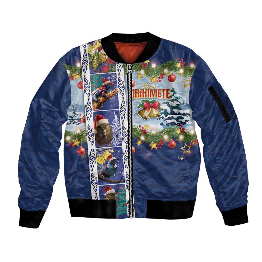 New Zealand Merry Christmas Sleeve Zip Bomber Jacket Maori Animals, Koru Tattoo - Blue Xmas Style LT03 Unisex Blue - Polynesian Pride
