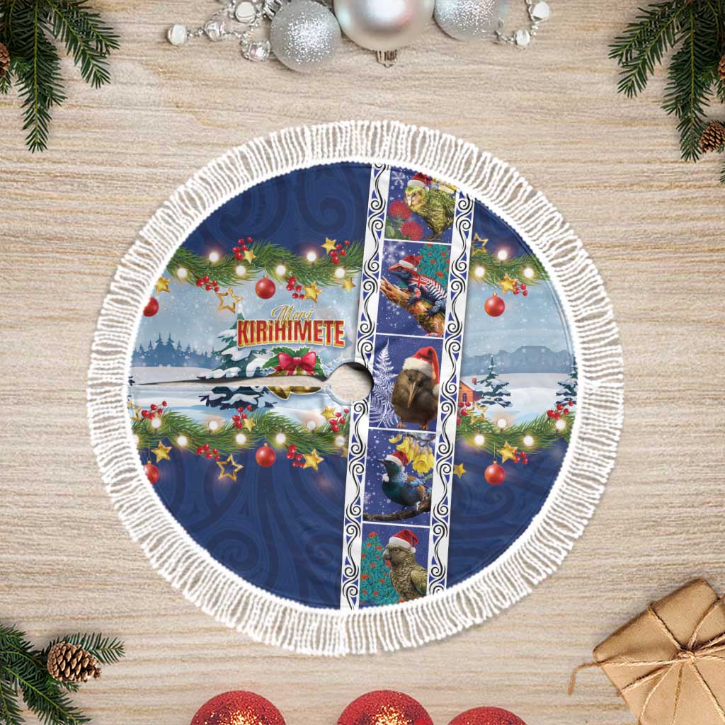 New Zealand Merry Christmas Tree Skirt Maori Animals, Koru Tattoo - Blue Xmas Style LT03 Fringed Blue - Polynesian Pride