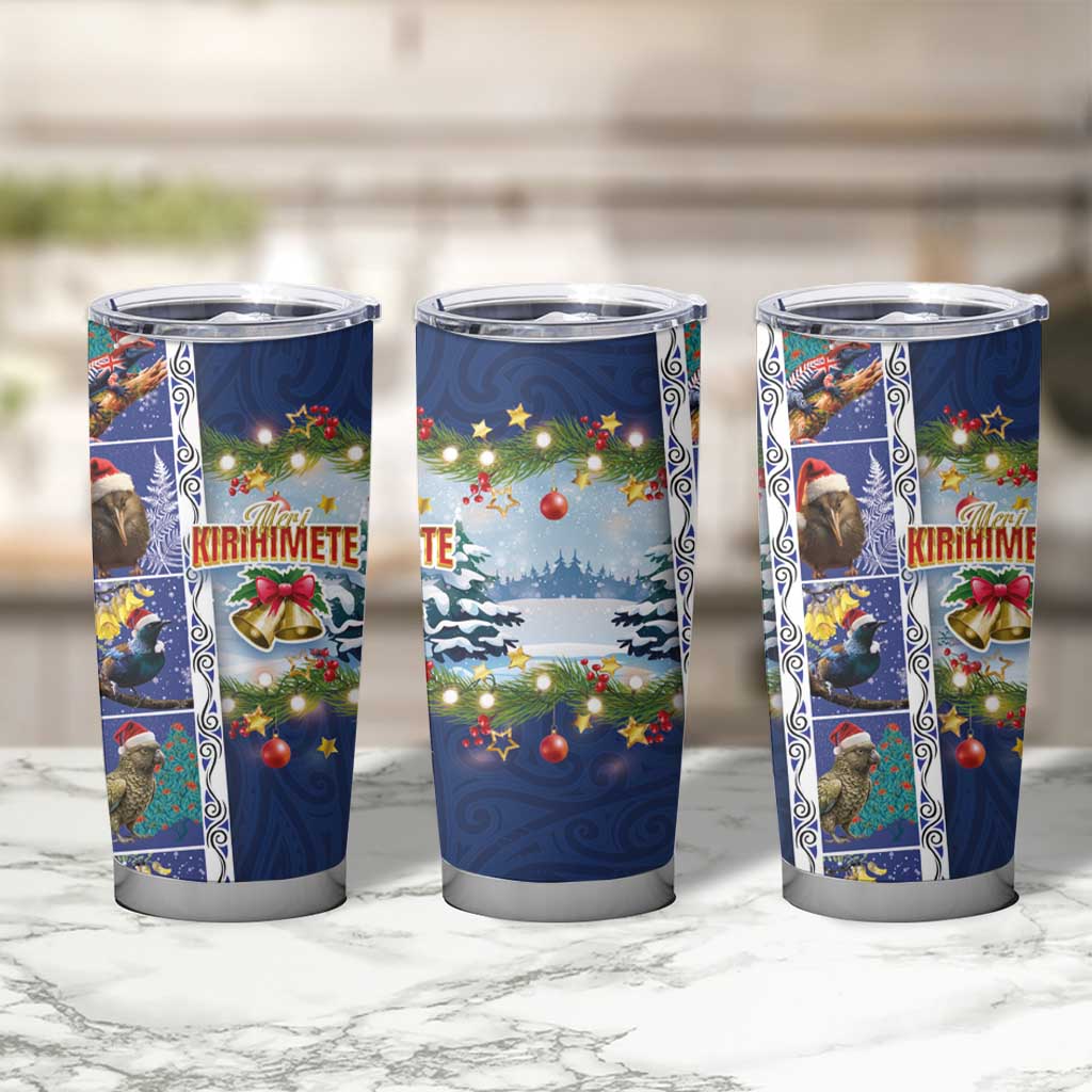 New Zealand Merry Christmas Tumbler Cup Maori Animals Xmas Style and Koru Tattoo Blue Color LT03 - Polynesian Pride