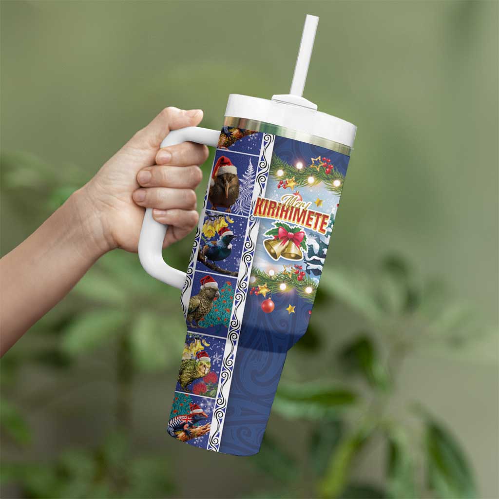 New Zealand Merry Christmas Tumbler With Handle Maori Animals Xmas Style and Koru Tattoo Blue Color LT03 - Polynesian Pride