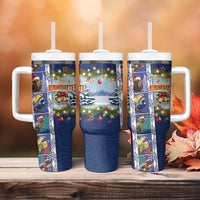 New Zealand Merry Christmas Tumbler With Handle Maori Animals Xmas Style and Koru Tattoo Blue Color LT03 - Polynesian Pride