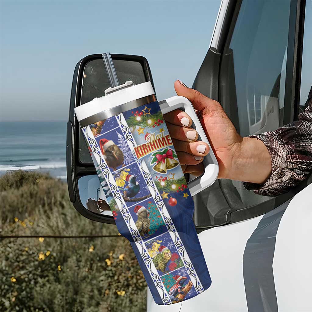 New Zealand Merry Christmas Tumbler With Handle Maori Animals Xmas Style and Koru Tattoo Blue Color LT03 - Polynesian Pride