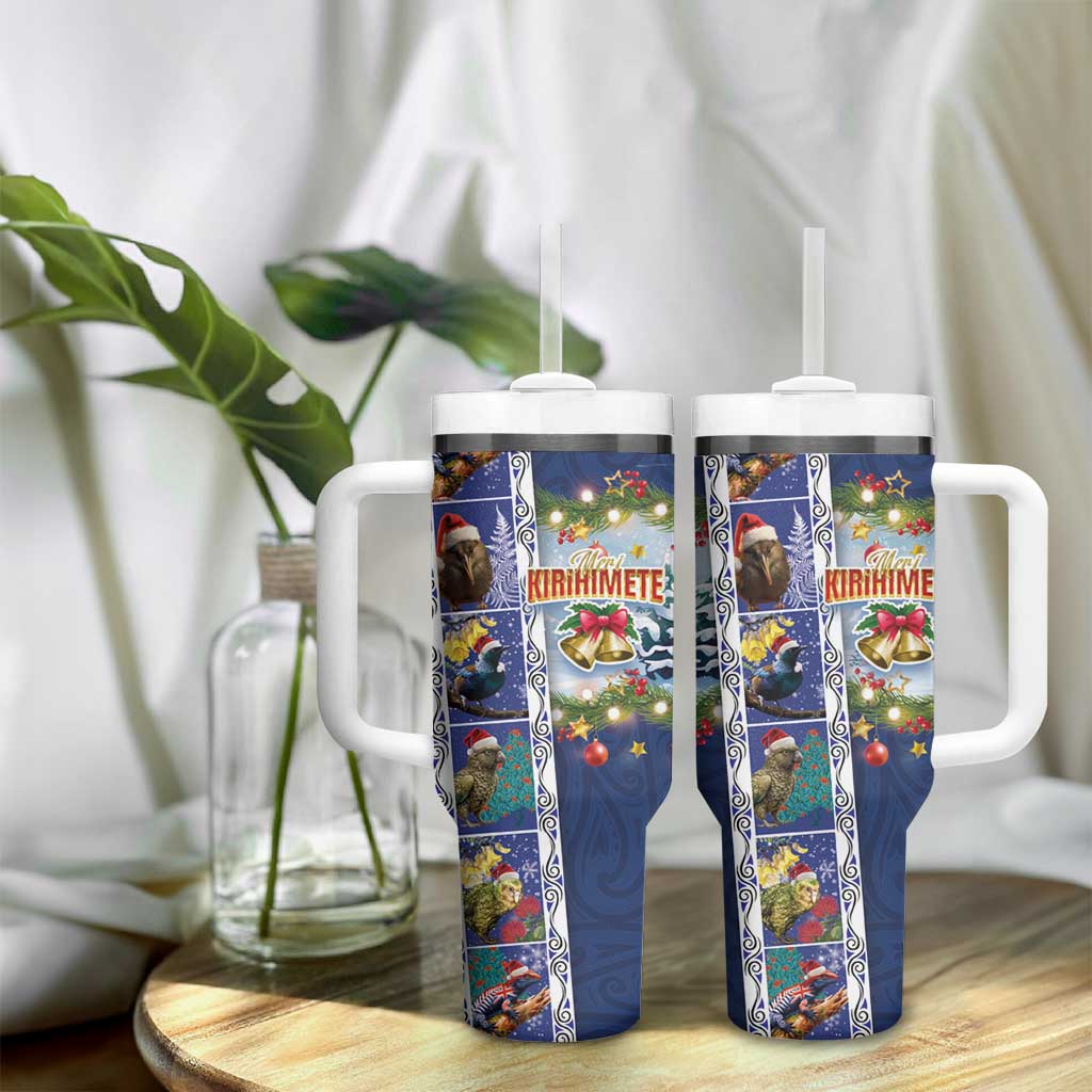 New Zealand Merry Christmas Tumbler With Handle Maori Animals Xmas Style and Koru Tattoo Blue Color LT03 - Polynesian Pride