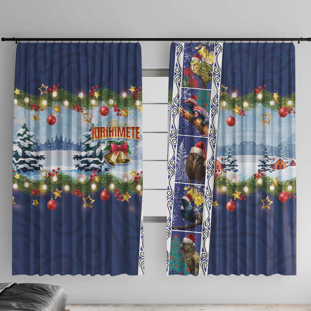 New Zealand Merry Christmas Window Curtain Maori Animals, Koru Tattoo - Blue Xmas Style LT03 With Hooks Blue - Polynesian Pride