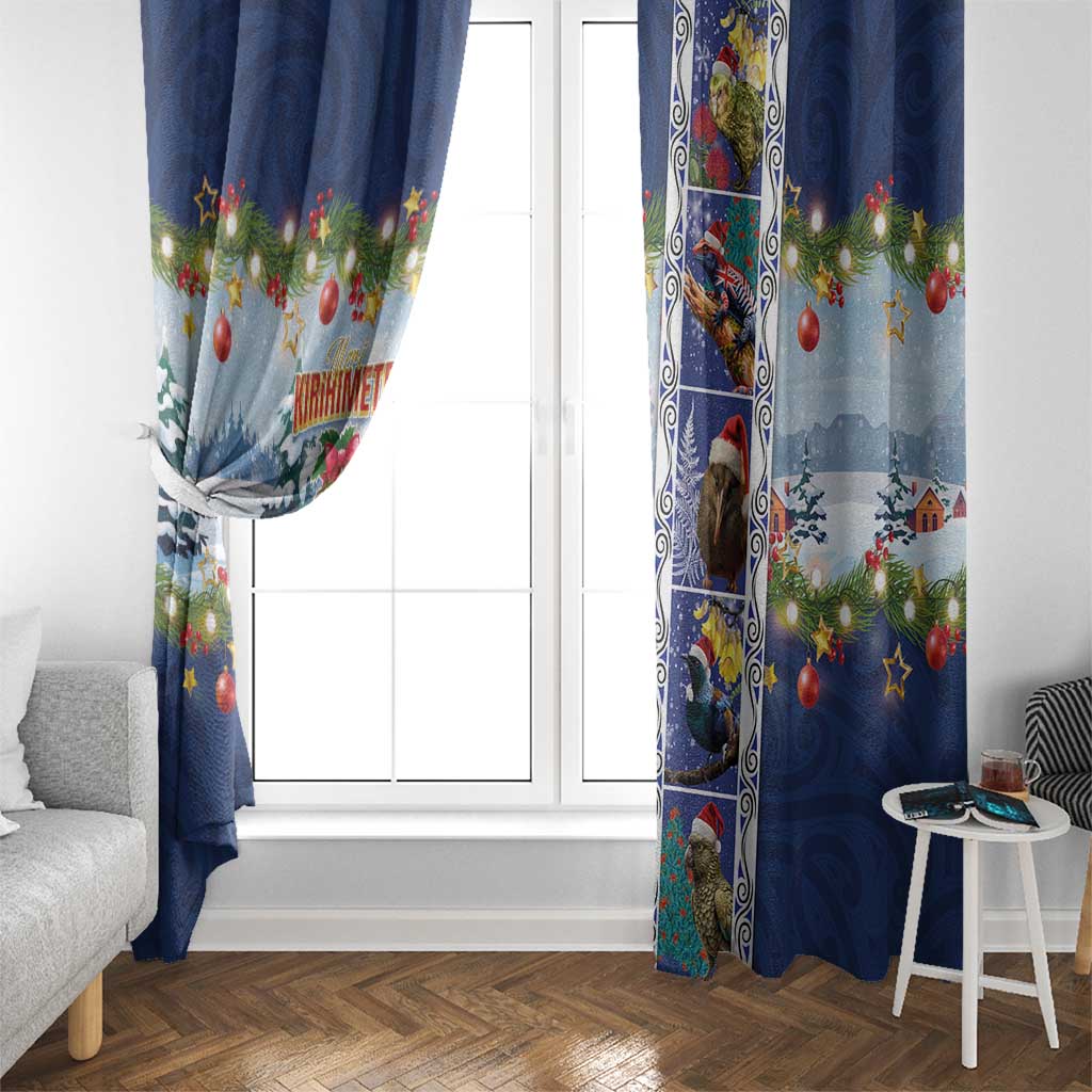 New Zealand Merry Christmas Window Curtain Maori Animals, Koru Tattoo - Blue Xmas Style LT03 - Polynesian Pride