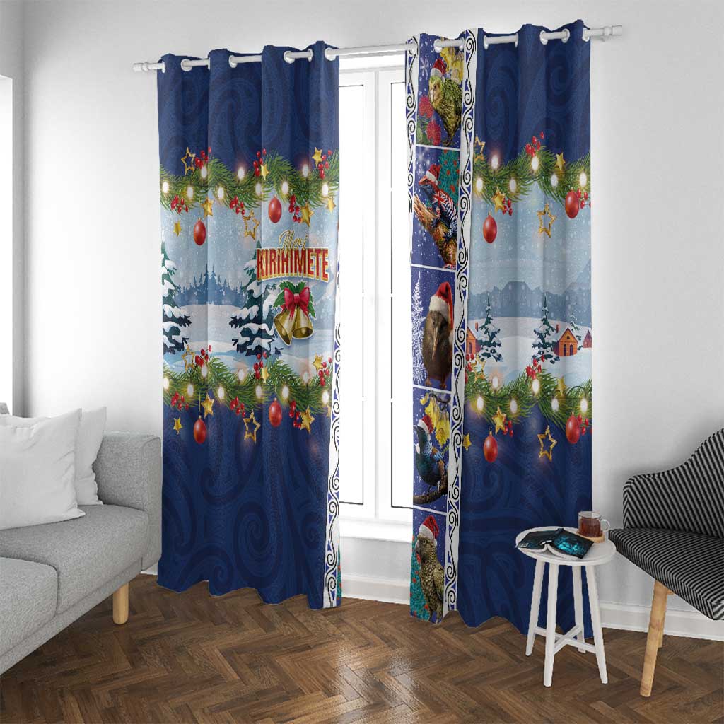 New Zealand Merry Christmas Window Curtain Maori Animals, Koru Tattoo - Blue Xmas Style LT03 With Grommets Blue - Polynesian Pride