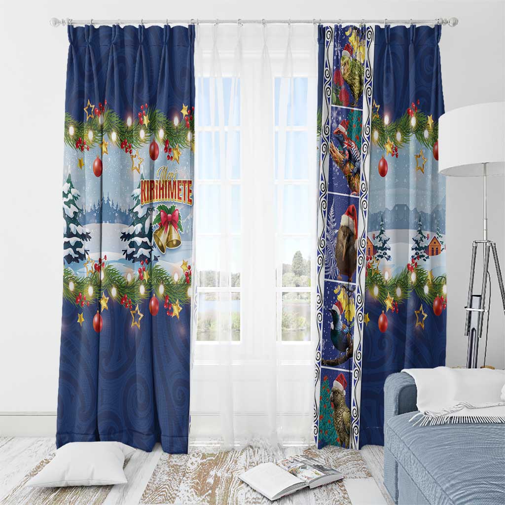 New Zealand Merry Christmas Window Curtain Maori Animals, Koru Tattoo - Blue Xmas Style LT03 - Polynesian Pride