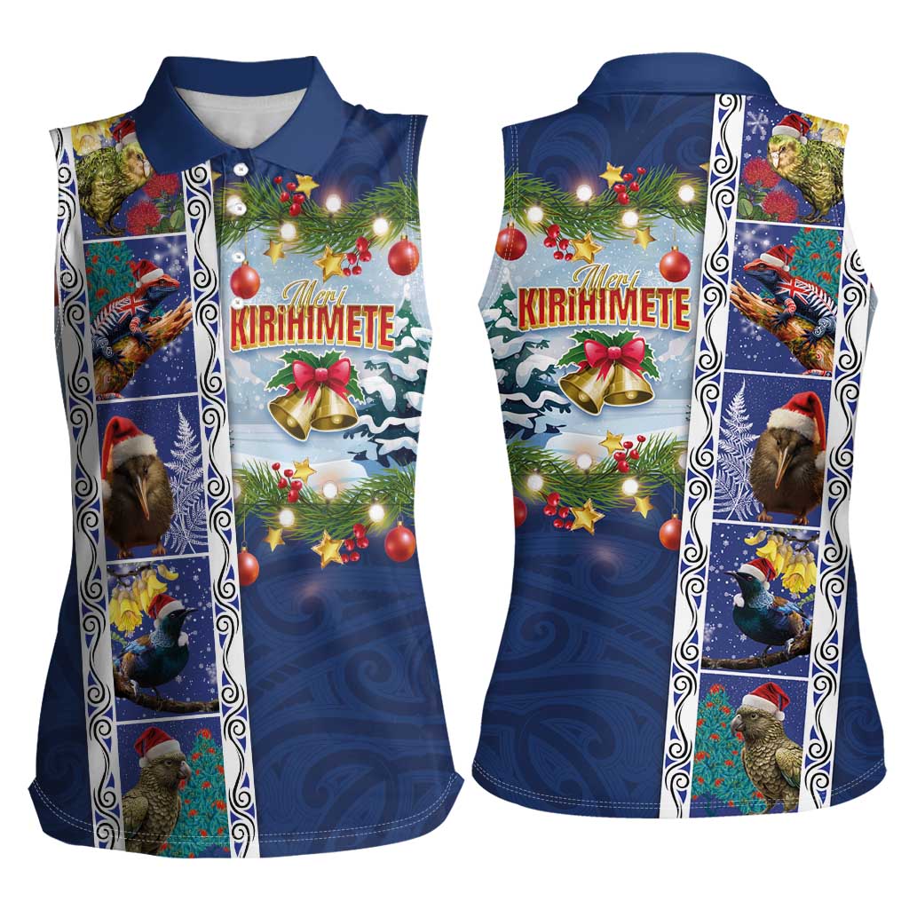 New Zealand Merry Christmas Women Sleeveless Polo Shirt Maori Animals, Koru Tattoo - Blue Xmas Style LT03 - Polynesian Pride