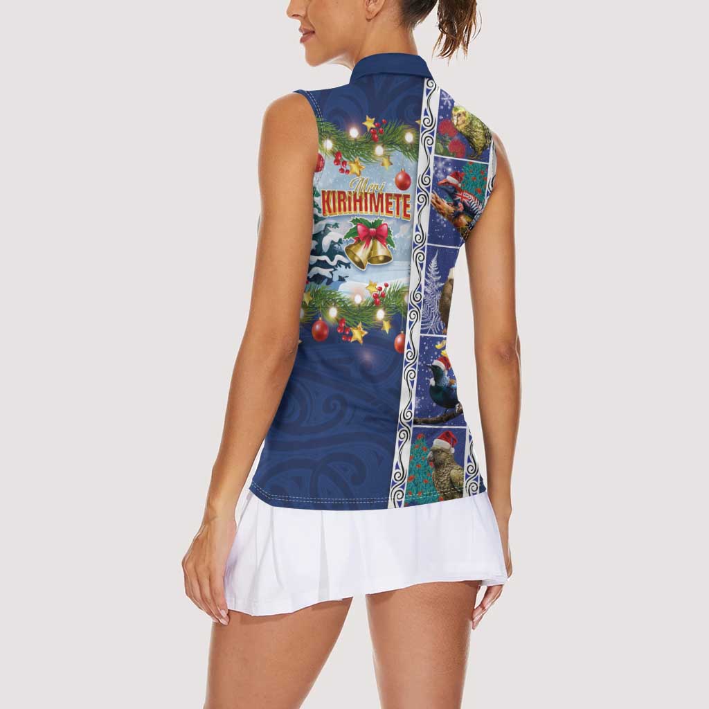 New Zealand Merry Christmas Women Sleeveless Polo Shirt Maori Animals, Koru Tattoo - Blue Xmas Style LT03 - Polynesian Pride