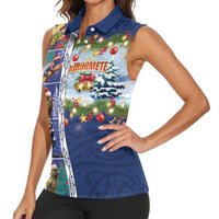 New Zealand Merry Christmas Women Sleeveless Polo Shirt Maori Animals, Koru Tattoo - Blue Xmas Style LT03 - Polynesian Pride