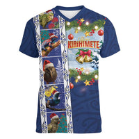 New Zealand Merry Christmas Women V-Neck T-Shirt Maori Animals, Koru Tattoo - Blue Xmas Style LT03 Female Blue - Polynesian Pride