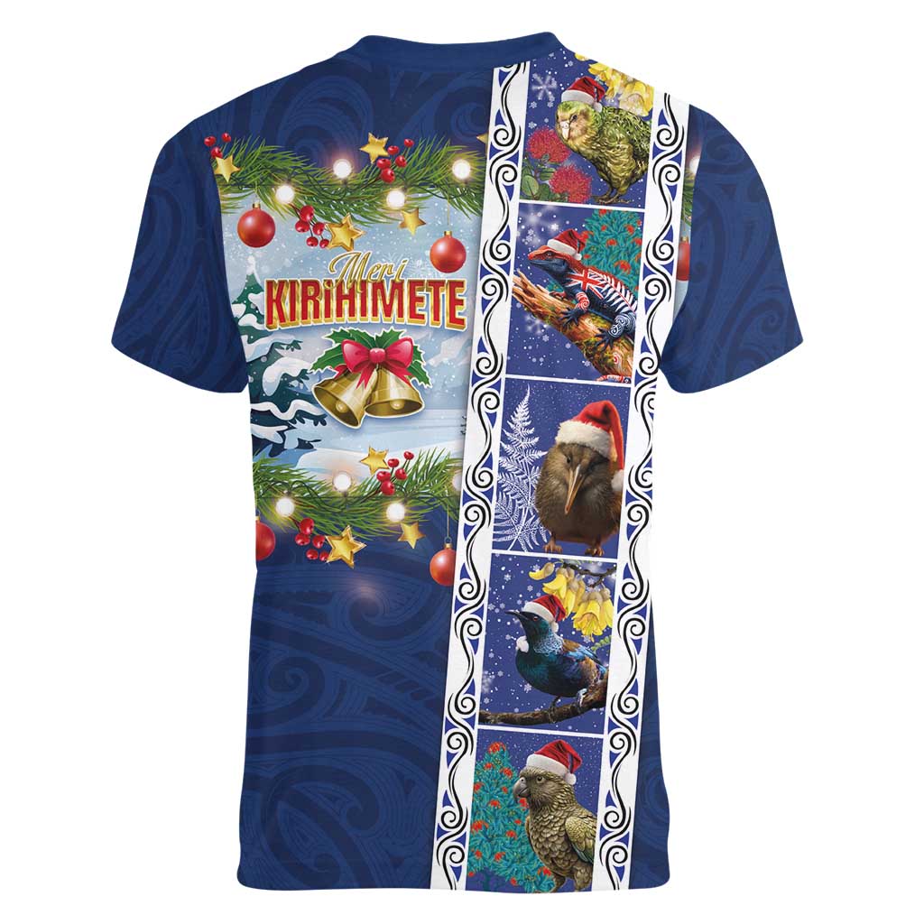 New Zealand Merry Christmas Women V-Neck T-Shirt Maori Animals, Koru Tattoo - Blue Xmas Style LT03 - Polynesian Pride
