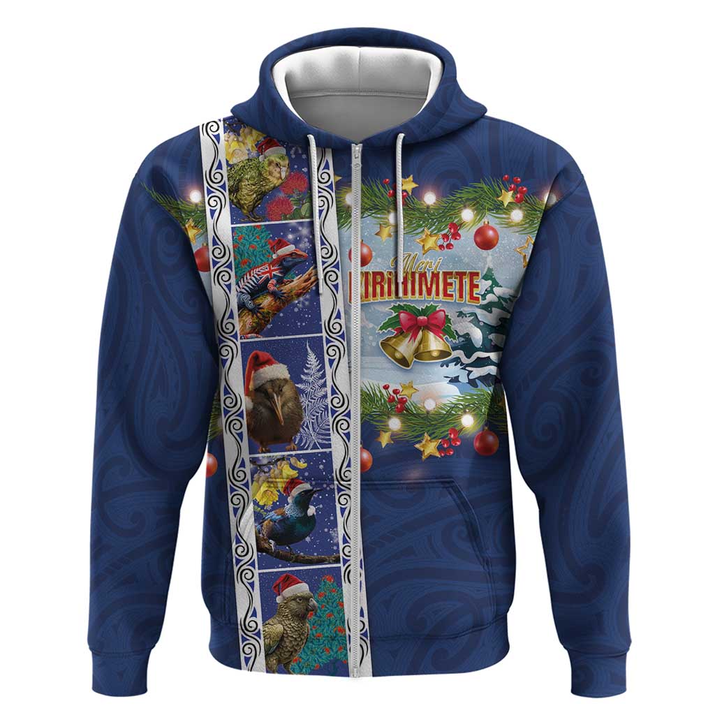 New Zealand Merry Christmas Zip Hoodie Maori Animals, Koru Tattoo - Blue Xmas Style LT03 Zip Hoodie Blue - Polynesian Pride