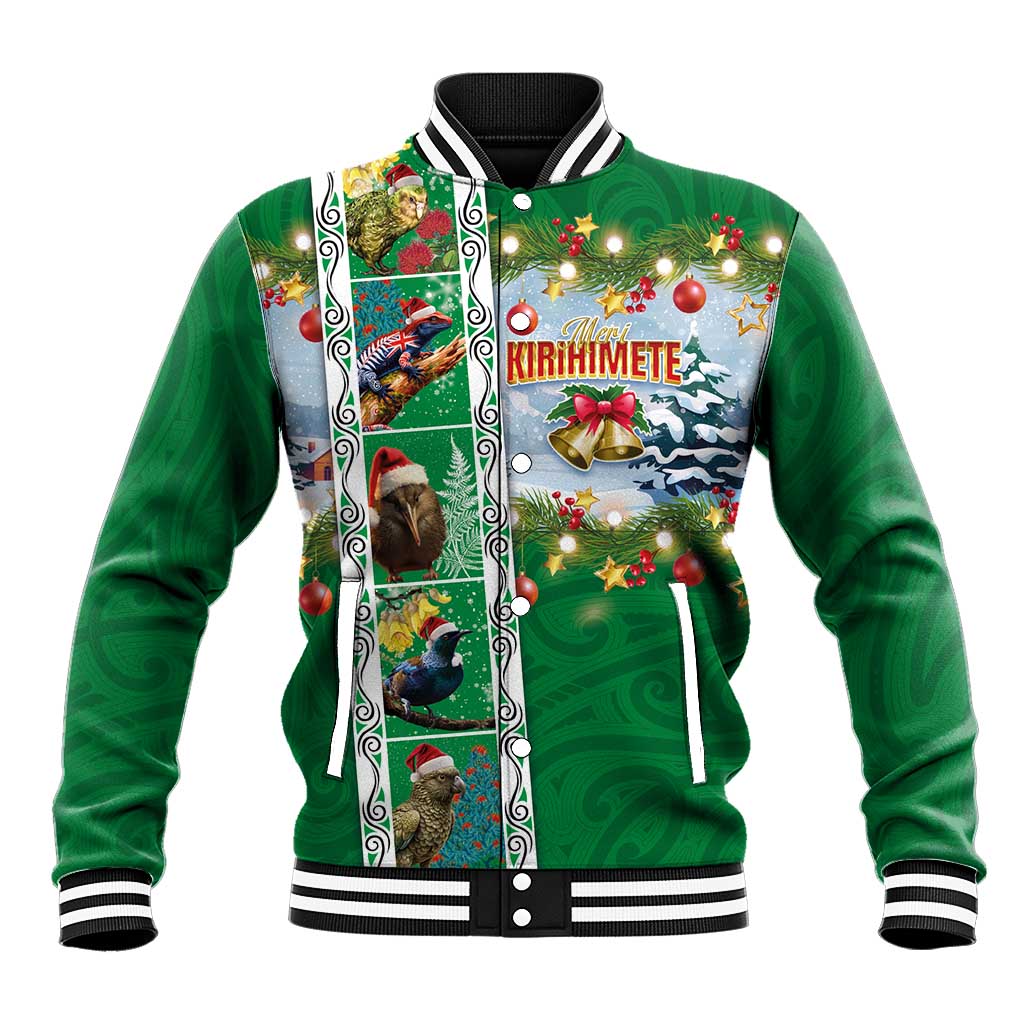 New Zealand Merry Christmas Baseball Jacket Maori Animals, Koru Tattoo - Green Xmas Style LT03 Unisex Green - Polynesian Pride