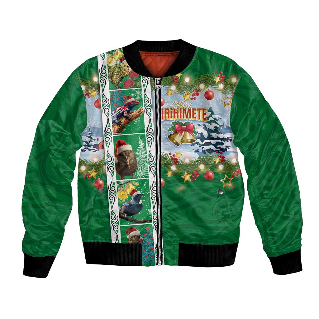 New Zealand Merry Christmas Bomber Jacket Maori Animals, Koru Tattoo - Green Xmas Style LT03 Unisex Green - Polynesian Pride