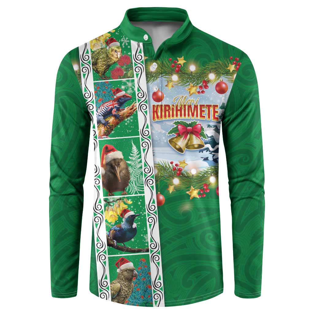 New Zealand Merry Christmas Button Sweatshirt Maori Animals, Koru Tattoo - Green Xmas Style LT03 Green - Polynesian Pride