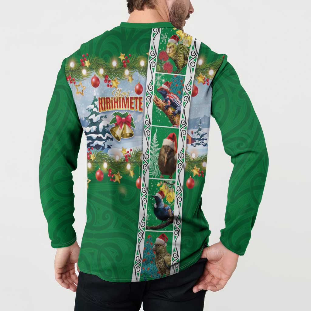 New Zealand Merry Christmas Button Sweatshirt Maori Animals, Koru Tattoo - Green Xmas Style LT03 - Polynesian Pride