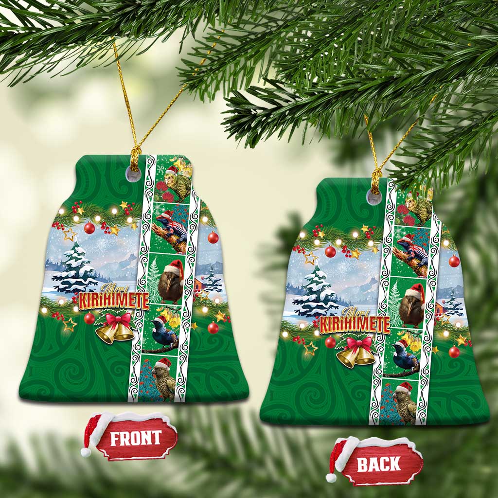 New Zealand Merry Christmas Ceramic Ornament Maori Animals, Koru Tattoo - Green Xmas Style LT03 Bell Flake Green - Polynesian Pride
