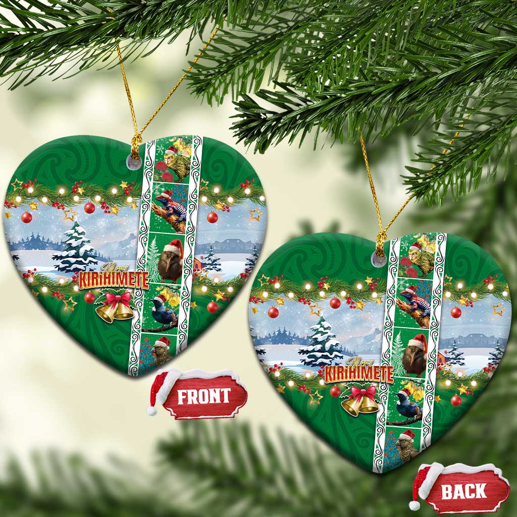 New Zealand Merry Christmas Ceramic Ornament Maori Animals, Koru Tattoo - Green Xmas Style LT03 Heart Green - Polynesian Pride