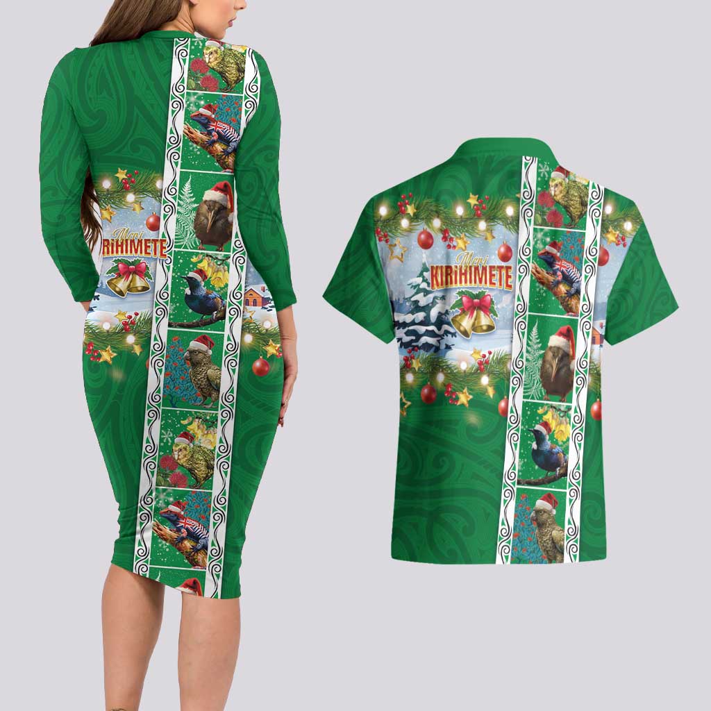 New Zealand Merry Christmas Couples Matching Long Sleeve Bodycon Dress and Hawaiian Shirt Maori Animals, Koru Tattoo - Green Xmas Style LT03 - Polynesian Pride