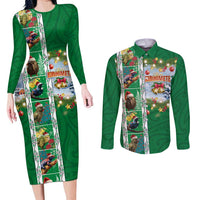 New Zealand Merry Christmas Couples Matching Long Sleeve Bodycon Dress and Long Sleeve Button Shirt Maori Animals, Koru Tattoo - Green Xmas Style LT03 Green - Polynesian Pride