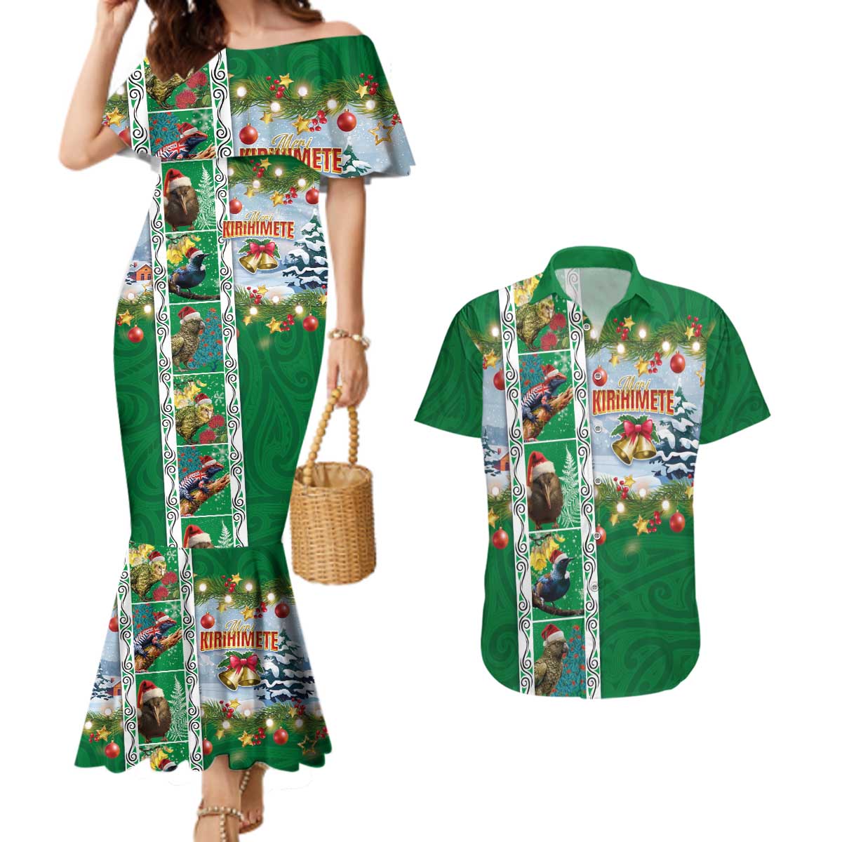 New Zealand Merry Christmas Couples Matching Mermaid Dress and Hawaiian Shirt Maori Animals, Koru Tattoo - Green Xmas Style LT03 Green - Polynesian Pride