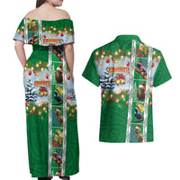 New Zealand Merry Christmas Couples Matching Off Shoulder Maxi Dress and Hawaiian Shirt Maori Animals, Koru Tattoo - Green Xmas Style LT03 - Polynesian Pride
