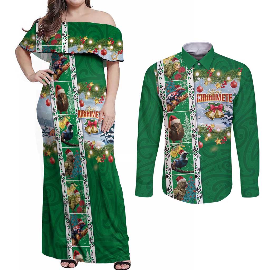 New Zealand Merry Christmas Couples Matching Off Shoulder Maxi Dress and Long Sleeve Button Shirt Maori Animals, Koru Tattoo - Green Xmas Style LT03 Green - Polynesian Pride