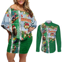 New Zealand Merry Christmas Couples Matching Off Shoulder Short Dress and Long Sleeve Button Shirt Maori Animals, Koru Tattoo - Green Xmas Style LT03 Green - Polynesian Pride