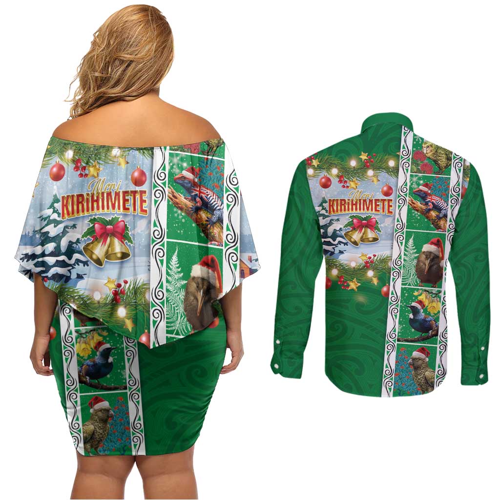 New Zealand Merry Christmas Couples Matching Off Shoulder Short Dress and Long Sleeve Button Shirt Maori Animals, Koru Tattoo - Green Xmas Style LT03 - Polynesian Pride