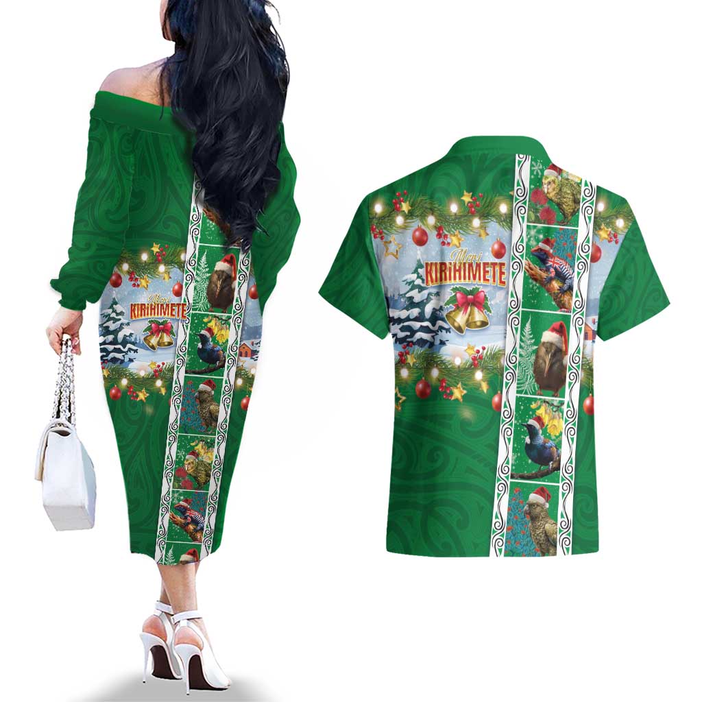 New Zealand Merry Christmas Couples Matching Off The Shoulder Long Sleeve Dress and Hawaiian Shirt Maori Animals, Koru Tattoo - Green Xmas Style LT03 - Polynesian Pride