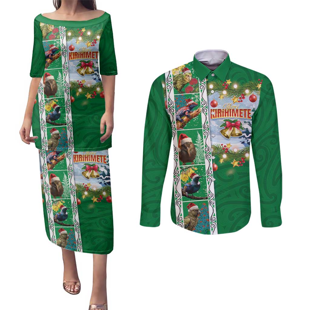 New Zealand Merry Christmas Couples Matching Puletasi and Long Sleeve Button Shirt Maori Animals, Koru Tattoo - Green Xmas Style LT03 Green - Polynesian Pride