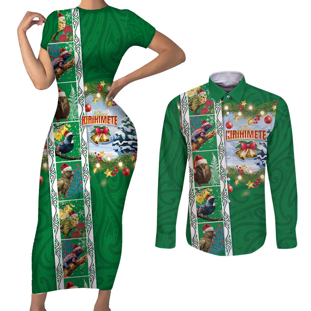 New Zealand Merry Christmas Couples Matching Short Sleeve Bodycon Dress and Long Sleeve Button Shirt Maori Animals, Koru Tattoo - Green Xmas Style LT03 Green - Polynesian Pride