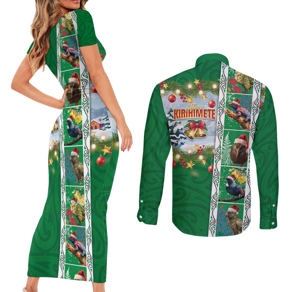 New Zealand Merry Christmas Couples Matching Short Sleeve Bodycon Dress and Long Sleeve Button Shirt Maori Animals, Koru Tattoo - Green Xmas Style LT03 - Polynesian Pride