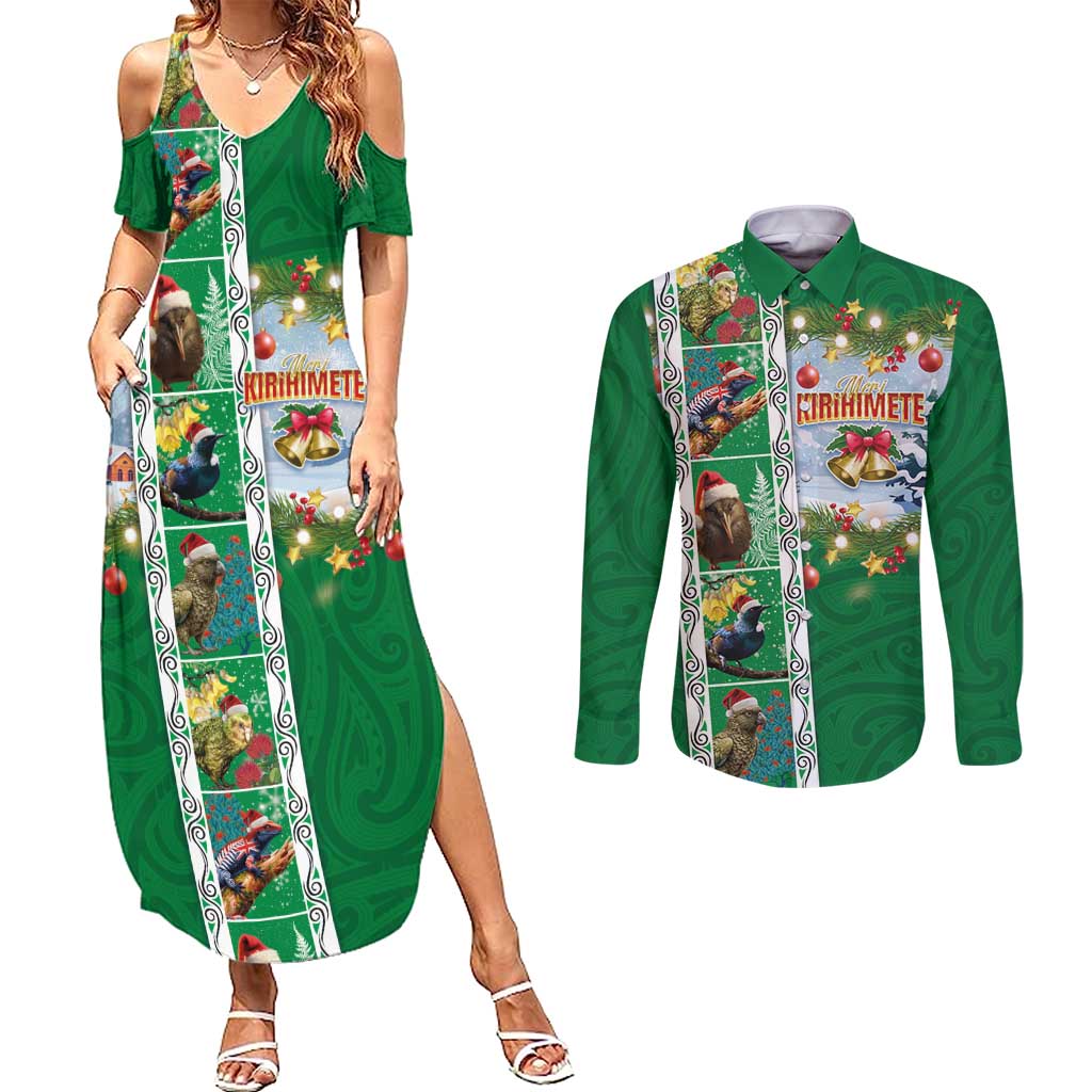 New Zealand Merry Christmas Couples Matching Summer Maxi Dress and Long Sleeve Button Shirt Maori Animals, Koru Tattoo - Green Xmas Style LT03 Green - Polynesian Pride