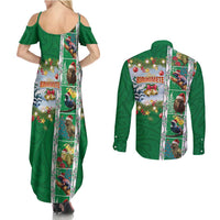 New Zealand Merry Christmas Couples Matching Summer Maxi Dress and Long Sleeve Button Shirt Maori Animals, Koru Tattoo - Green Xmas Style LT03 - Polynesian Pride